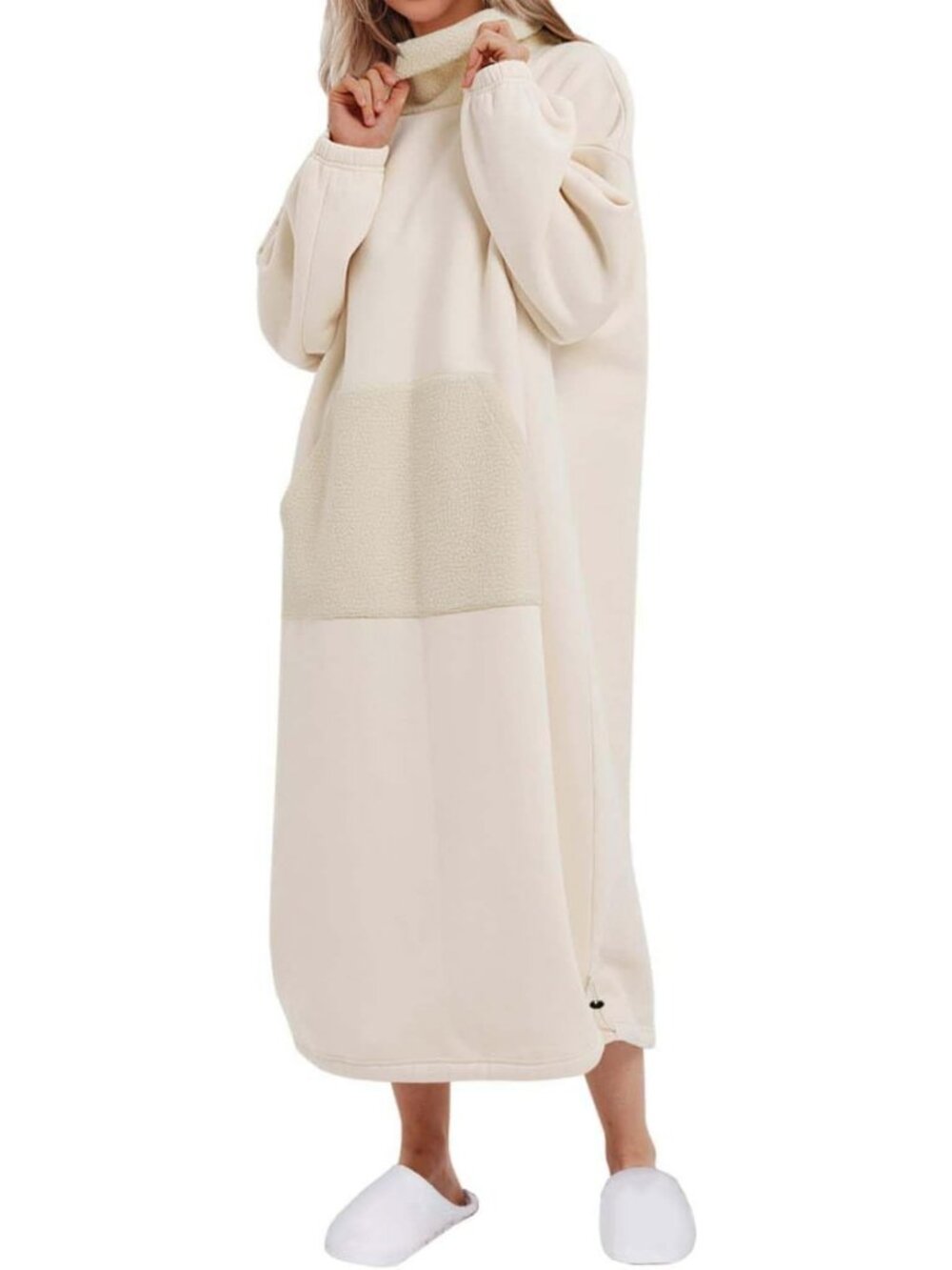 Cozy Oversized Turtleneck Fleece Maxi Dress | Plush Pullover with Kangaroo